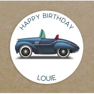 Personalised Happy Birthday Party Round Labels Gift Bag Circular Age Blue Car Stickers - Custom Printed