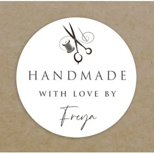 Handmade With Love Circle labels Self Adhesive Printed Round Business Stickers Scissors, Bobbin & Needle
