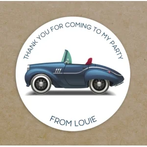 Personalised Thank You For Coming To My Birthday Party Round Labels Circular Blue Cool Vintage Car Stickers