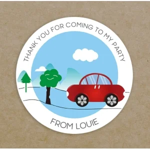 Personalised Thank You For Coming To My Party Round Labels Circular Red Car Stickers - Custom Printed