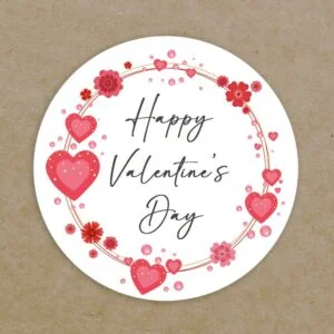 Happy Valentine's Day Circle Labels Printed Personalised Round Hearts Flowers Wreath Stickers