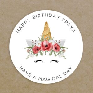 Personalised Happy Birthday Party Round Labels Gift Bag Circular Age Girls Unicorn Stickers - Custom Printed