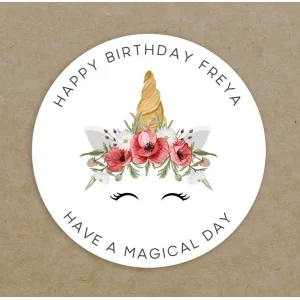 Personalised Happy Birthday Party Round Labels Gift Bag Circular Age Girls Unicorn Stickers - Custom Printed