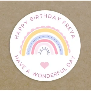 Personalised Happy Birthday Party Round Labels Gift Bag Circular Age Girls Rainbow Stickers - Custom Printed