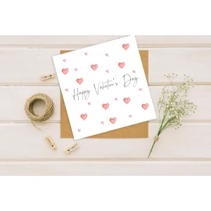 Happy Valentine's Day Card Printed Personalised Card with Pink Hearts & Kraft Envelope Wife Girlfriend