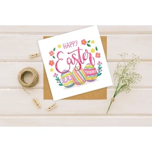 Happy Easter Printed Personalised Card - Wreath with Eggs Flowers and Kraft Envelope