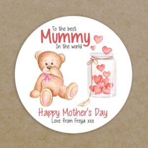 Happy Mother's Day Mummy Circle Labels Printed Personalised Round Teddy Hearts Stickers