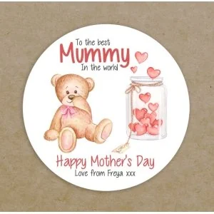Happy Mother's Day Mummy Circle Labels Printed Personalised Round Teddy Hearts Stickers