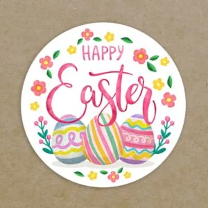Happy Easter Circle Wreath Personalised Labels Printed Round Leaves Flowers Eggs Stickers