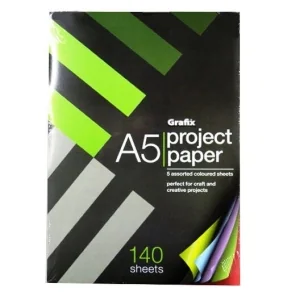 Grafix A5 Project Paper, 140 Sheets Coloured Paper, 5 Colours, Size 210 x 148mm
