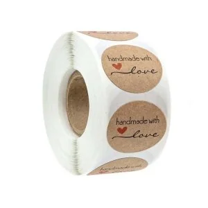 Handmade With Love Kraft Circle Stickers 25mm Round Buff Heart Labels