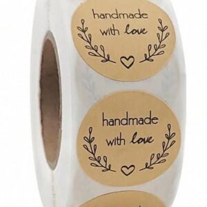 Handmade With Love Kraft Circle Stickers 25mm Round Buff Heart Wreath Labels