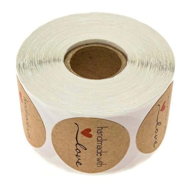 Handmade With Love Kraft Circle Stickers 25mm Round Buff Heart Labels - Image 3