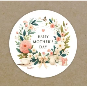 Happy Mother's Day Circle Labels Printed Personalised Round Leaves Flowers Wreath Stickers