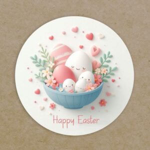 Happy Easter Circle Eggs Personalised Labels Printed Round Leaves Flowers Hearts Stickers
