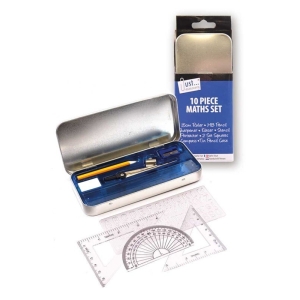 10 Piece Maths Set - Geometry Compass Ruler Protractor  Square School - Tin Case